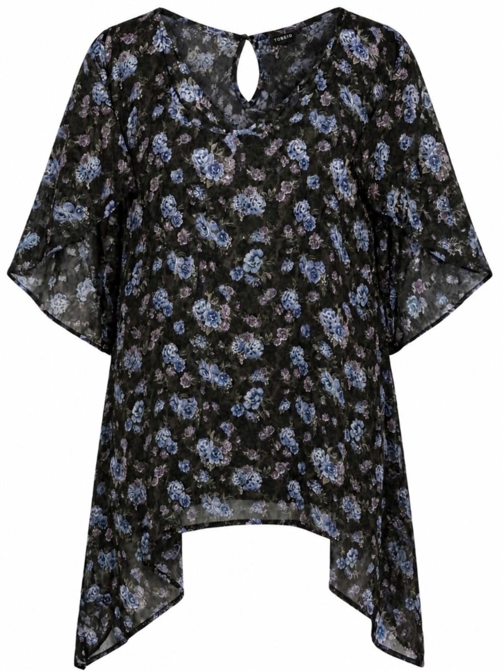 Torrid semi sheer top blue & purple ditsy floral on black size 6 (26/28)